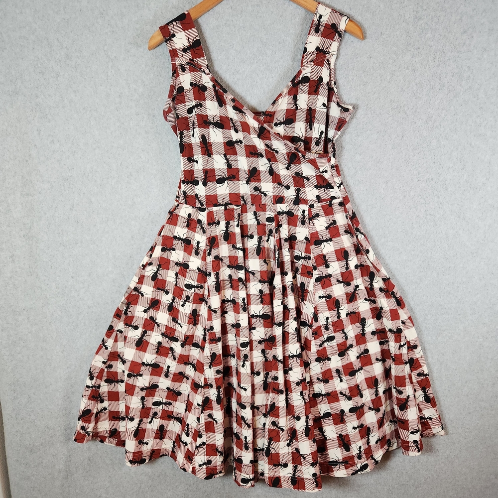 Effie's Heart Red White Checkered Dress Ants Print Gingham Womens L Rockabilly